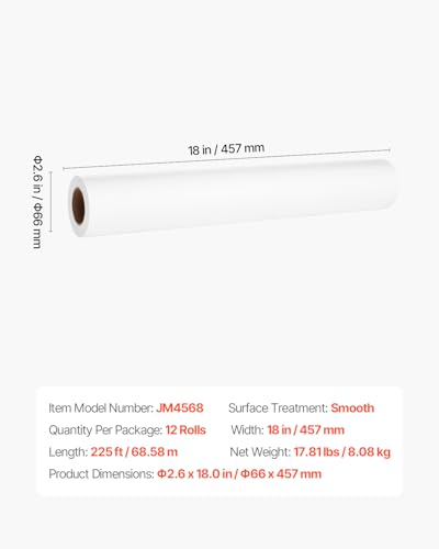 VEVOR Ärzterolle, 457 mm x 68,58 m, Liegenabdeckung (12er-Pack), Einweg Liegenrolle, Medirolle ideal für Spas, Kindertagesstätten, Ärzte, Chiropraktiker, Untersuchungs- & Massagetische, weiß