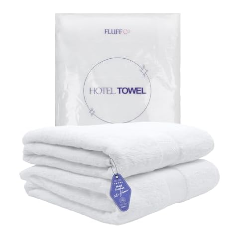 FluffCo Luxury Hotel Towel | Highly Absorbent Premium Bath Towel Made from 100% Cotton | Super Soft White Towel with Twill Satin Border | Oversized Bathroom Towel Sized 37” x 72” | Machine Washable Cover