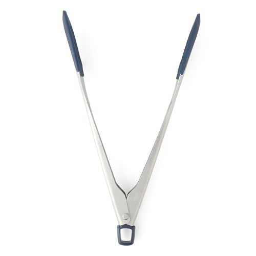 Image of Calphalon Prime 12-Inch Kitchen Tongs, Stainless Steel Grilling Tongs with Navy Silicone Heads, Heat-Resistant Locking Kitchen Tongs with Ergonomic Weighted Handle