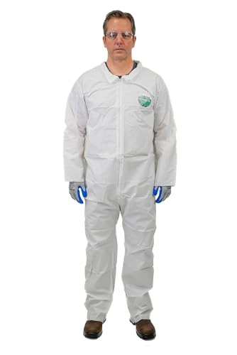 Hazmat Suit Unisex Industrial Coverall Disposable PPE Jumpsuit Light Duty with Open Ankles & Elastic Cuffs, White (1, White, X-Large)