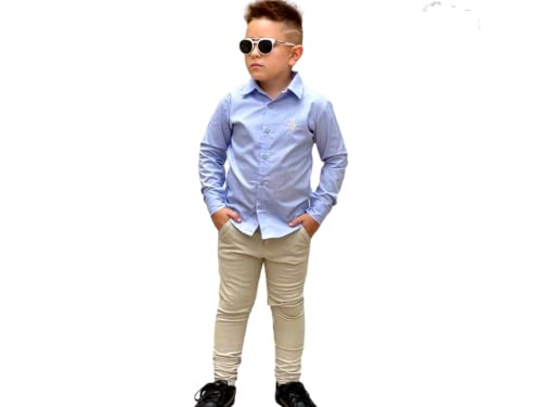 Conjunto Infantil Masculino Camisa Azul Claro + Calça Bege (6)