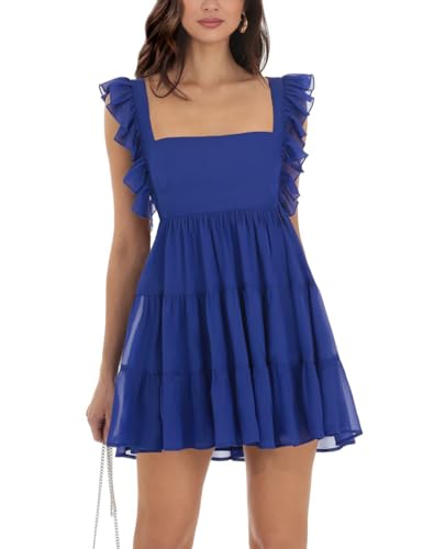 Image of Women's Summer Square Neck Tie Back Ruffle Sleeve Tiered Casual A-Line Short Mini Dress