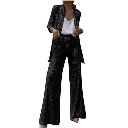 Women's Glitter 2 Piece Outfits Long Sleeve Open Front Sparkly Blazer Cardigan and Wide Leg Pants Set Party