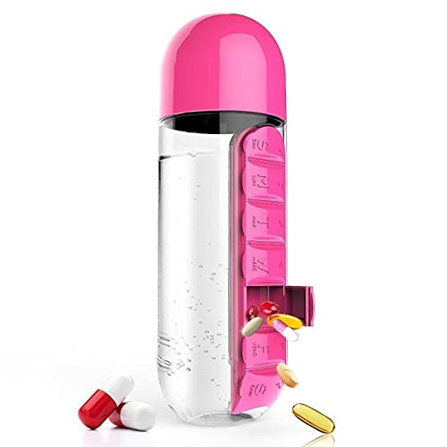 Pastillero 2 en 1, botella de agua portátil de 600 ml. para exteriores con pastillero, organizador de pastillas para 7 días, botella de agua para camping, gimnasio, escuela, oficina, viajes. (Rosa) Cover