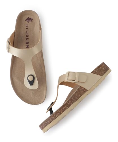 Image of HF JOURNEY Women's Cork Footbed Thong Sandal,Slip On Entry,(Size 36-41) PU, Casual Lounging Slipper, EVA Sole, Flat Heel, Anna Carina 2.0