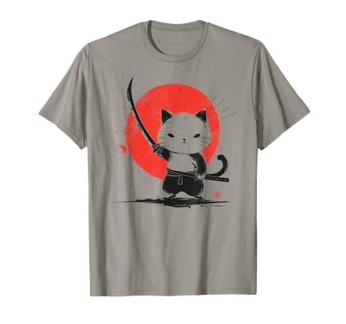Samurai Gato Guerrero Japonés Rojo Atardecer Kanji Arte Camiseta