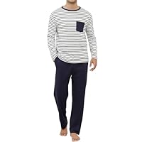 Reliwel Pigiama Uomo Cotone Leggero Pigiama da Uomo Invernale Set Pigiami Righe Due Pezzi a Maniche Lunghe e Pantaloni Morbido e Traspirante Blu Navy- L