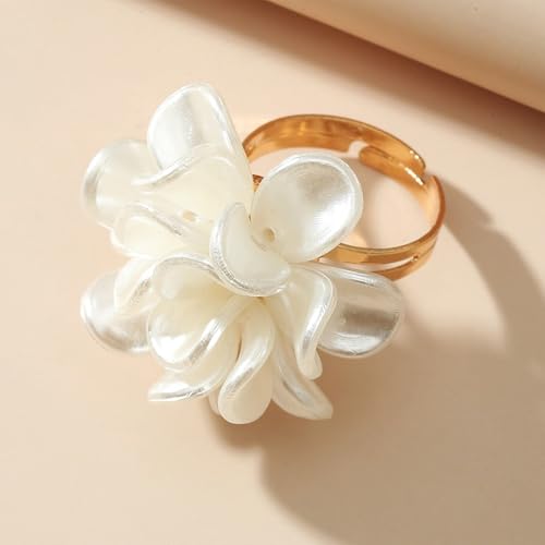 Rrdaily White Acrylic Petal Flower Open Ring for Women,Dainty Statement Floral Adjustable Camellia Ring,Sweet Wedding Anniversary Prom Jewelry Gifts4