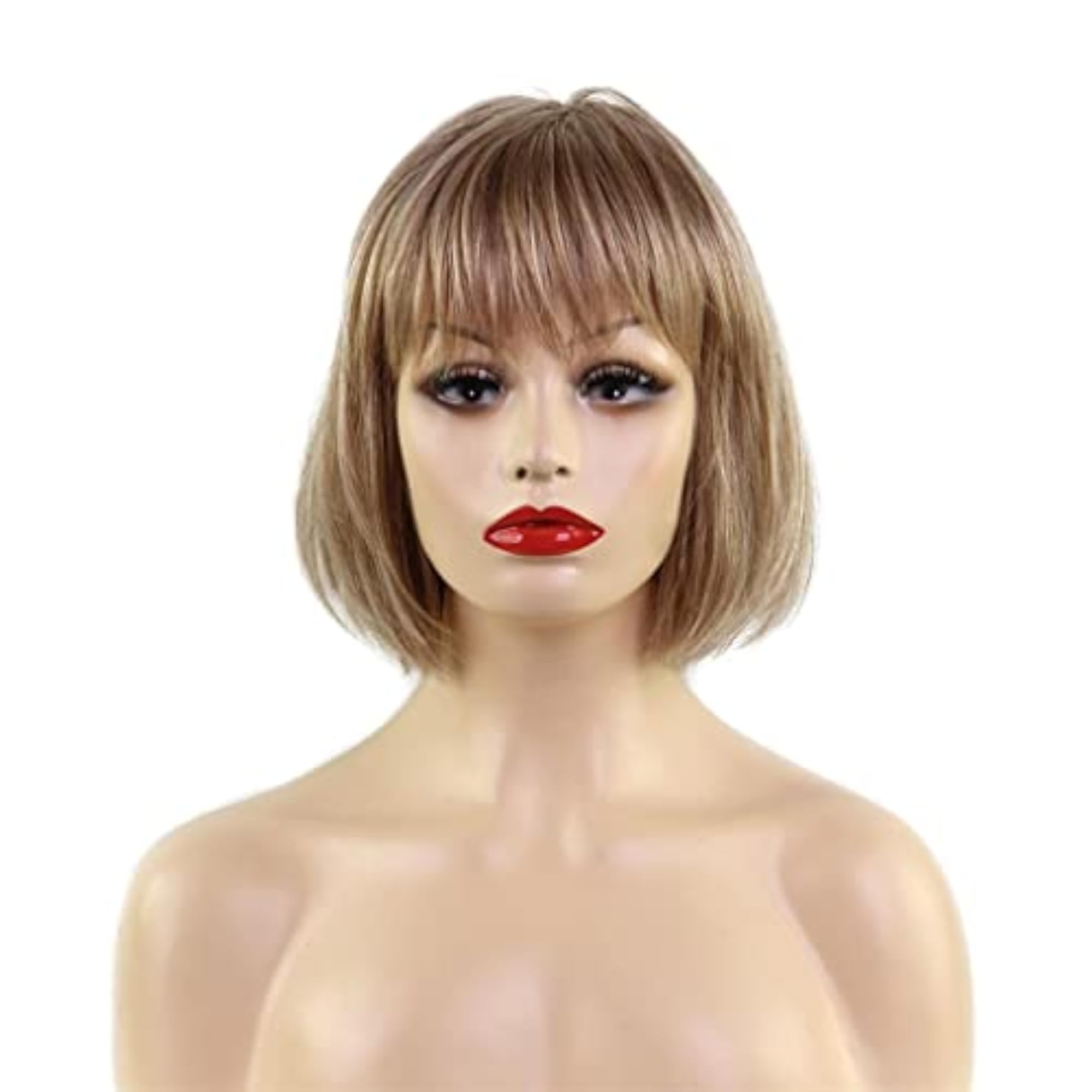 Women Short Straight Bob Mixed Human Hair Natural Wigs, Light Brown