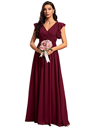 Ever-Pretty Robe de Soirée Dos Nu pour Femme Manches Volantées Mousseline Col V Plissé Robe de Demoiselle d'honneur Longue Élégante Bordeaux 38