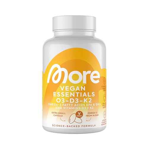 MORE Vegan Essentials O3-D3-K2, 80 Kapseln - Veganes Omega 3 aus Algenöl, mit Vitamin D3 & Vitamin K2, Kapselhülle aus Stärke (Design kann variieren) 1