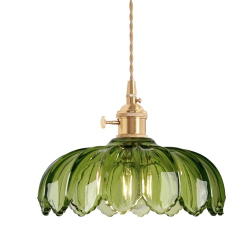 Image of Shenmoyl Pendant Light with Green Scindapsus Glass Lmapshade, Brass Vintage Pendant Light Adjustable Hanging Light for Kitchen Island Dining Room Hallway