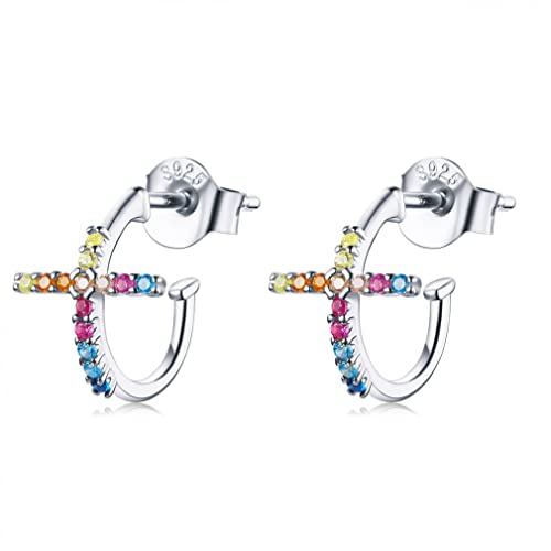 Boucles d'oreilles mariage en argent demi-créoles croix pour femme