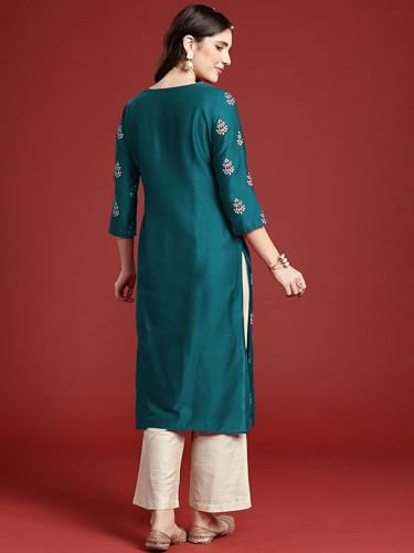 Image of Women's Embroidered Kurti, Ethnic Floral Motif Print, 3 /4 Sleeves, Side Slit