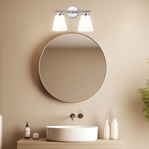 Image of Hamilyeah Modern Chrome Bathroom Vanity Light Fixture Over Mirror, 2 Light Vanity Lighting Fixture with Frosted Glass Shade, Silver Wall Sconce Lighting for Bath, Bedroom, Kitchen, Hallway