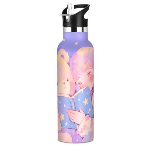 Purple Dreamy Cute Girl Bear - Botella de agua ligera con aislamiento térmico y tapa de boquilla a prueba de fugas, doble pared al vacío para deportes, viajes y escuela