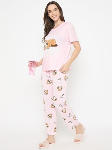 Image of CAMEY Women's Printed Pyjama Set, Short Sleeve T-Shirt and Trousers, Women Nightsuit, Loungewear Sets