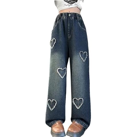 NABER Kids Girls Trendy Baggy Wide Leg Denim Pants Heart Pattern Jeans(Navy Blue2,13-14 Years) Cover
