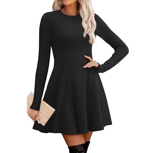 OFEEFAN Sweater Dress for Women Fall 2025 Long Sleeve Crew Neck Ribbed Knit Fit and Flare A-Line Dresses