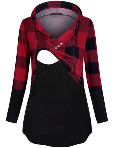 Image of Quinee Women's Long Sleeve Plaid Colorblock Nursing Pullover Hoodie Sweatshirts