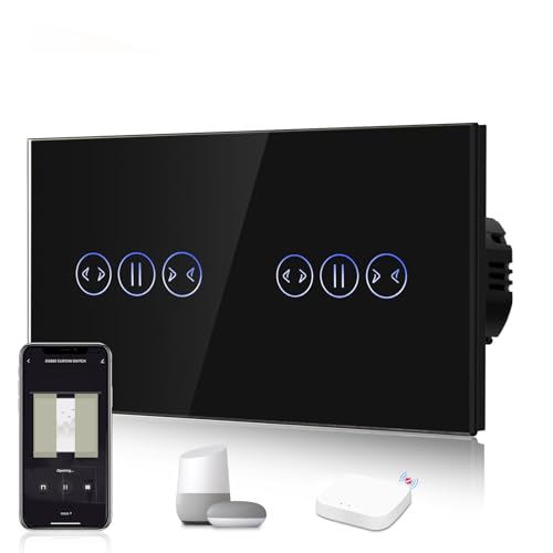 BSEED Intelligent WIFI Interrupteur Tactile de Volet Roulant, Nécessite Un Fil Neutre, Interrupteur Mural en Verre, Double 1 Gang 1 Voie, Compatible avec Alexa/Google, Noir