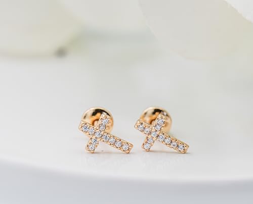 Cherished Moments Children's Sterling Silver or Gold-Plated Cross Earrings with CZs and Safety Screw Backs for Baptism, Christening and First Communion Gifts for Girls3