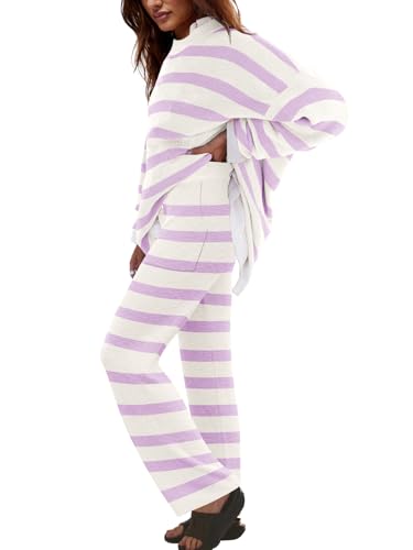 Image of LAMISSCHE Oversized Womens Lounge Set Striped Sweater Set Long Sleeve 2 Piece Pajama Set Top and Pants with Pockets