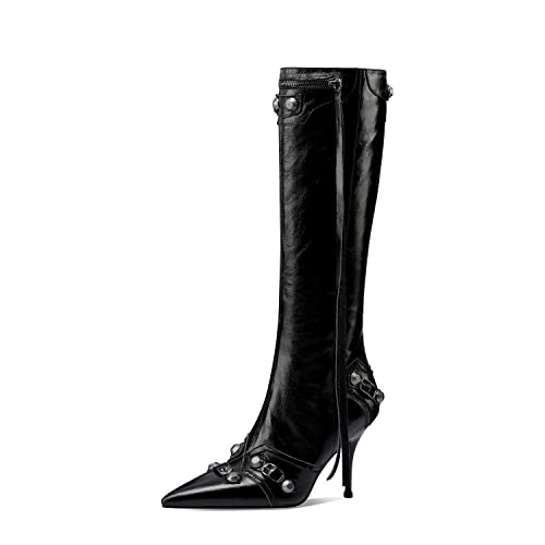 keleimusi Metal Studs Knee High Boots for Women Pointed Toe Heeled Ruffle Leather Shoes