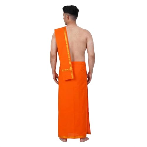 Image of PRAKASAM COTTON Mens Colour Jari Cotton dhoti and Angavastram Set (1.30X2.00 Meter Dhoti, 36X1.80 towel)