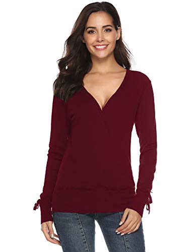 Abollria Women V-Neck Knit Sweater Long Sleeve Criss Cross Pullover Wrap Front Jumper Top Wine Red