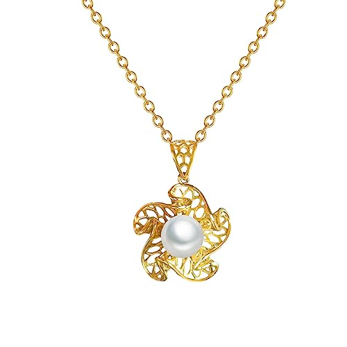 Gold Pearl Necklaces For Women 8Mm Single Freshwater Pearl Necklace Sterling Silver Dainty Real Pearl Pendant Necklace Starfish Shape For Women Girls (18”+2”) #TOP9
