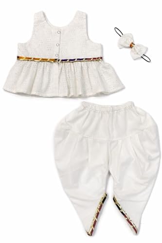 Image of The Root And Craft Kids Birthday Photoshoot Outfit Dress Girls Bandhani printed Top With Dhoti pant & Hairband Born Baby Photography Photoshoot Props(0to 18 Month)