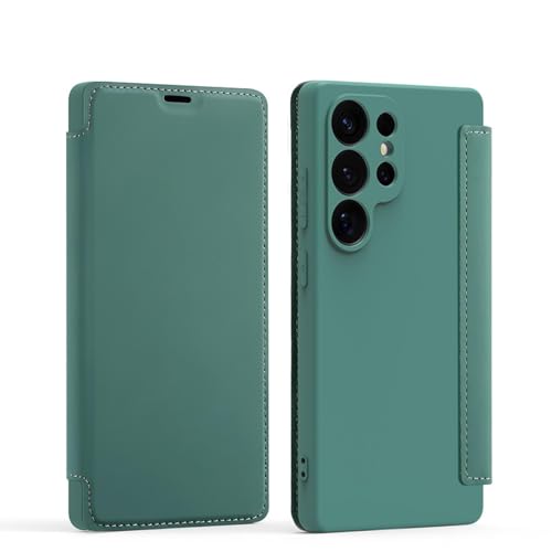 Étui portefeuille pour Samsung S22 en silicone liquide vert foncé avec rabat et support