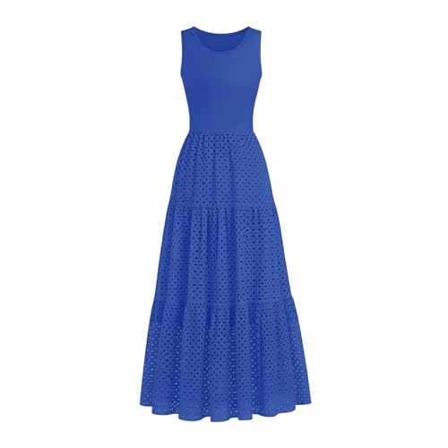 Lazysmile Womens Summer Dresses Crewneck Sleeveless A-Line Hollow Out Eyelet Tiered Tank Maxi Dress Sundress with Pockets Royal Blue