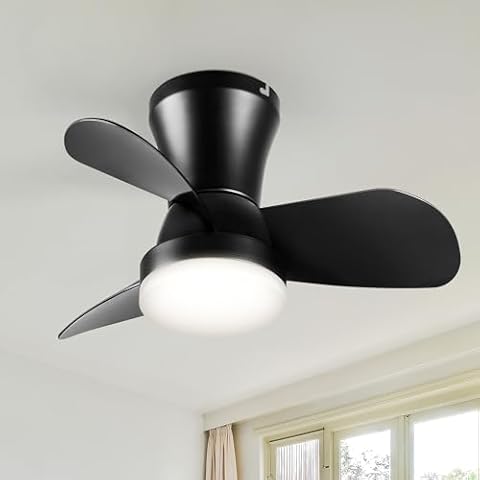 SUNMORY Ceiling Fans with Lights and Remote, 22 inch Low Profile Ceiling Fan with Light, Modern Flush Mount Ceiling Fan for Bedroom/Kitchen/Dining Room/Patio, 6 Wind Speeds, Dimmable, Black Cover