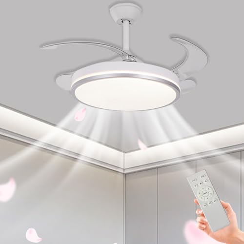 LASANYA Ventilador De Techo Con Luz Aspas Retráctiles, Lampara Ventiladores Grande Para Techo Salon Silencioso, Lámparas De Habitación Con Ventilador Modernas Verano Invierno Regulable-Blanco