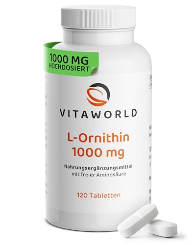 L-Ornithin Tabletten – L Ornithin hochdosiert 1000mg pro Tag (120 vegane Tabletten) – ideal zur Ergänzung bei erhöhter Eiweißzufuhr – laborgeprüft, ohne Zusätze, glutenfrei und laktosefrei – vitaworld