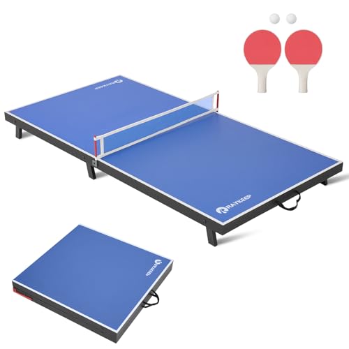 RAYKEEP Mini Foldable Table Tennis Table, 48“ Portable Ping Pong Game Table for Indoor & Outdoor, Table Tennis Table Set w/Net, 2 Paddles, 2 Balls, No Assembly (Blue)