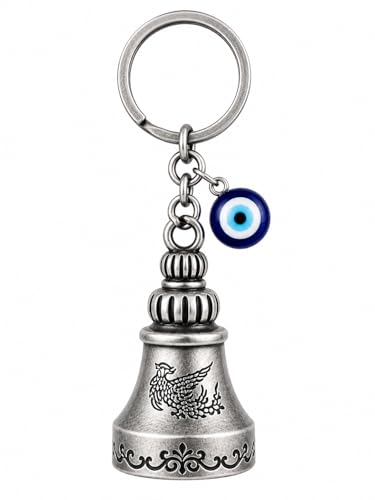 Image of Guardian Bell Keychain, Silver, Metal, Good Luck Charm with Evil Eye Nazar, for Bike & Motorcycle