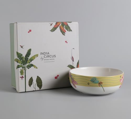 Image of India Circus by Krsnaa Mehta Lotus Pond Porcelain Serving Bowl for Snacks, Salads, Biryani, Ramen, Microwave & Dishwasher Safe, Perfect for Gift & Daily Use, Big Bowl 800 ml, Set of 1