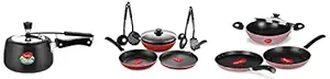 Pigeon by Stovekraft Hard Anodised Inner Lid Cooker - 3ltr, medium &Pigeon Mio Nonstick Cookware Gift Set, 8pcs &Pigeon Basics Non stick Non Induction Base Cookware set