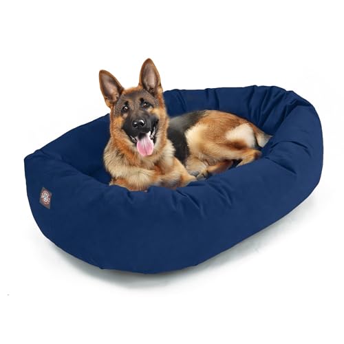 Image of Majestic Pet Suede Shredded Memory Foam Mix Calming Dog Bed Washable - Cozy Soft Round Dog Bed with Spine for Head Support - Fluffy Donut Dog Bed, 52 Inch, Navy