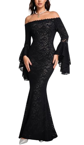 Image of HOYISHION Women's Off The Shoulder Floral Lace Maxi Dress White Bridesmaid Wedding Party Maternity Photoshoot Long Dresses