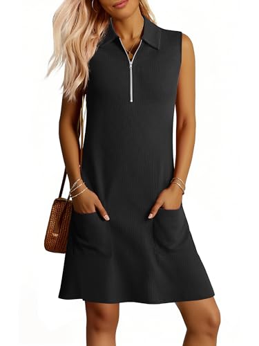 Image of ANRABESS Womens Summer Dresses Casual Sleeveless Ribbed Half Zip Polo Collar Tshirt Dress 2026 Spring Tunics Short Sundress