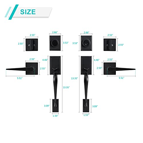 Natsukage Front Door Handle Double Door Lock Set Matte Black Entrance Handle Set With Dummy Heavy-Duty Adjustable Handle Sets With Deadbolt And Lever Handle Reversible For Right & Left Handed #TOP4