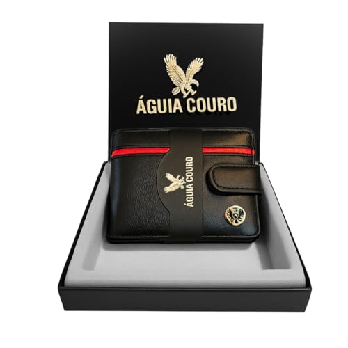 Águia Couro Carteira Masculina com fecho de botão de Couro Legítimo com Plástico, Moderna e Estilosa, Carteira Preta com Vermelho Macio Linda Caixa para Presente