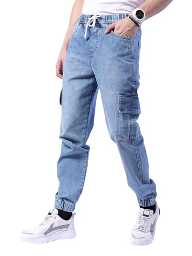 Image of The Indian Garage Co Men Regular Fit Solid Mid-Rise Stretchable Denim Cargo Joggers