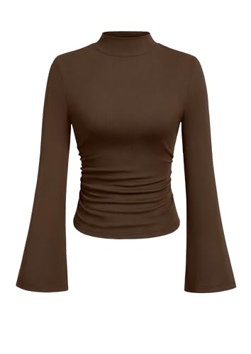 PRETTYGARDEN Womens Long Bell Sleeve Mock Neck Ribbed Tops (Brown,XL)