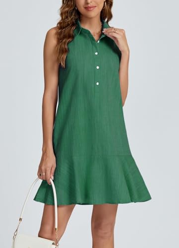 Image of Women Sleeveless Mini Dress Button Down Shirt Dress V Neck Reffle Hem Cotton Linen Tunic Short Dress