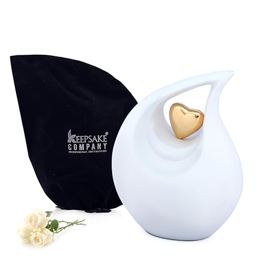 Large White Matte Teardrop Urn with Golden Heart for Human Ashes Male - Earns for Adult Men and Women - Cremation Urns for Ash, Funeral/Burial Urns, Decorative and Keepsake ERN, Heart Urn, 2.5 LTR